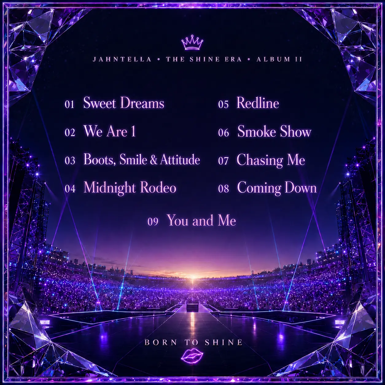 The Shine Era Album II clean back cover with a purple diamond-framed concert stage