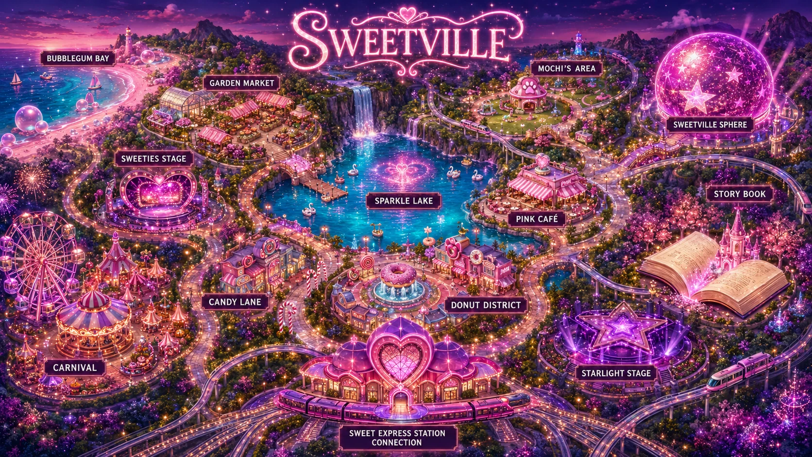 Sweetville partnership map showing thirteen distinct districts