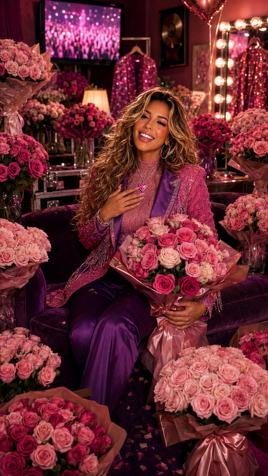 Jahntella surrounded by flowers after a performance
