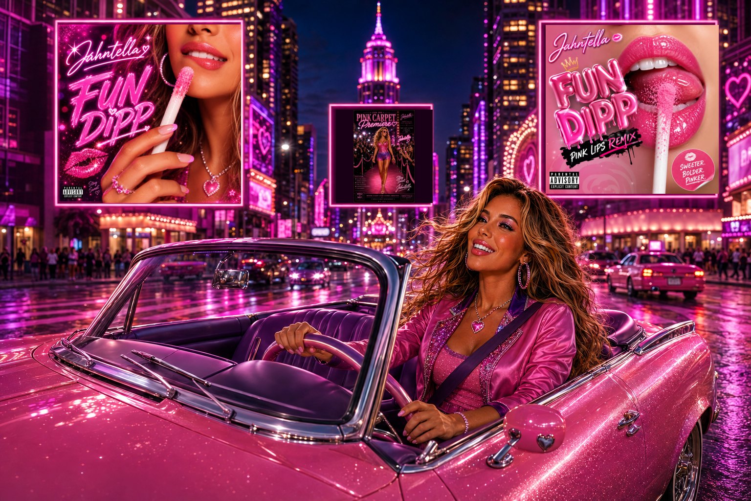 Jahntella driving through Neon City at night
