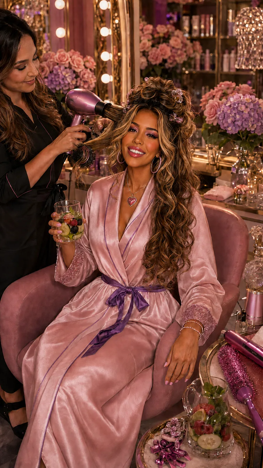 Jahntella having her hair styled backstage