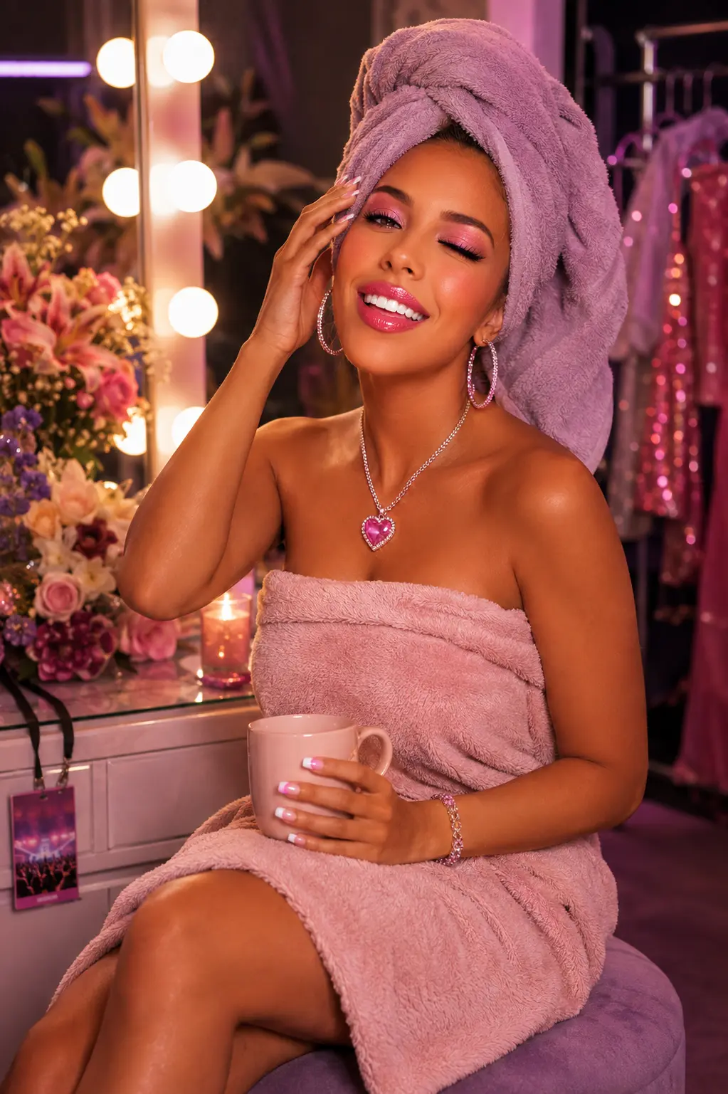 Jahntella relaxing after the show in a pink towel