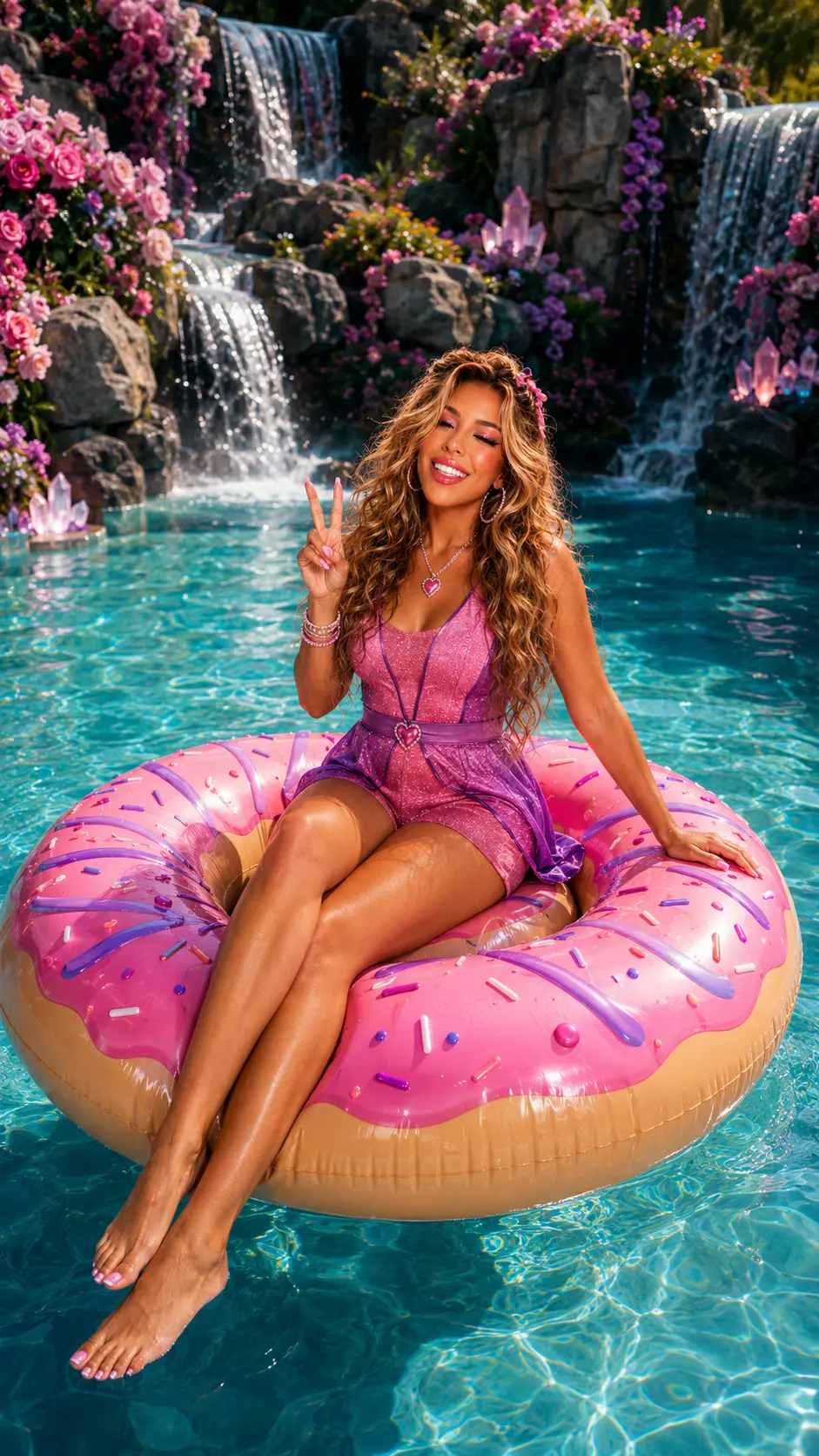 Jahntella relaxing on a pink donut float