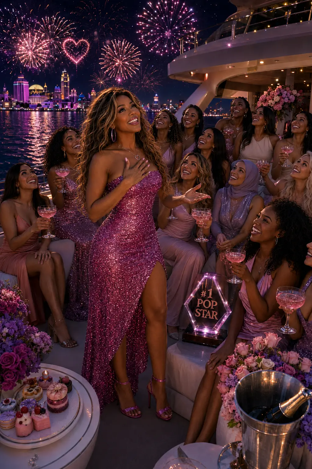 Jahntella thanking her friends beside a glowing number one pop star award