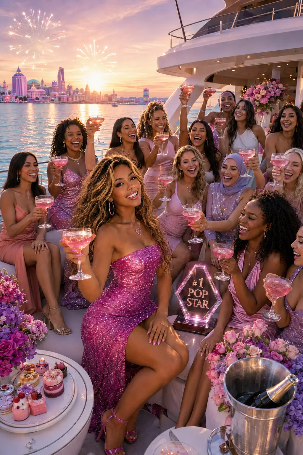 Jahntella and friends raising pink drinks during a yacht celebration