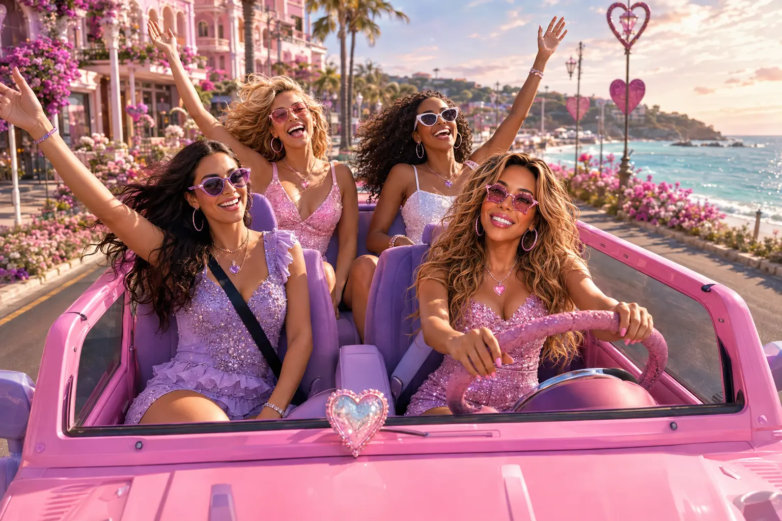 Jahntella driving through Sweetville with friends in a pink open-top jeep