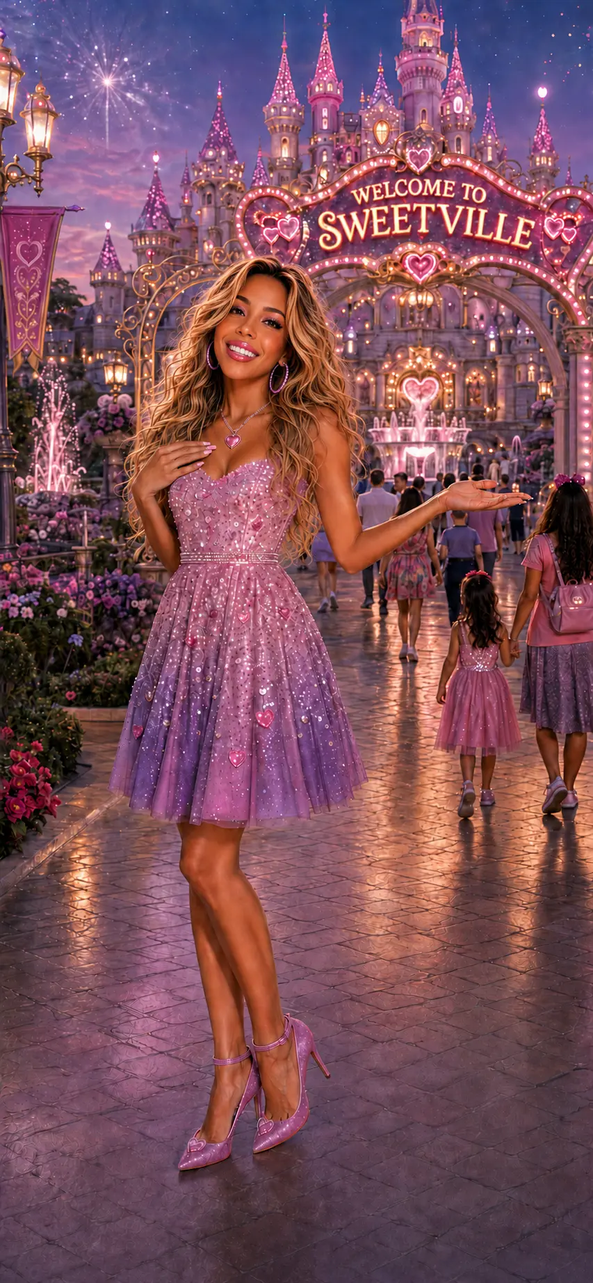Jahntella welcoming visitors beneath the glowing Sweetville gates